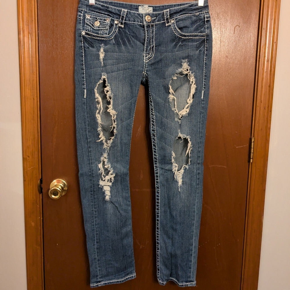 L A. Idol Jeans Ripped Horseshoe Flap Buttoned Pocket